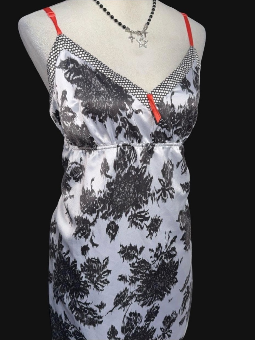 Gilly Hicks Black & White Floral Satin Slip Dress with Red Strap Details
